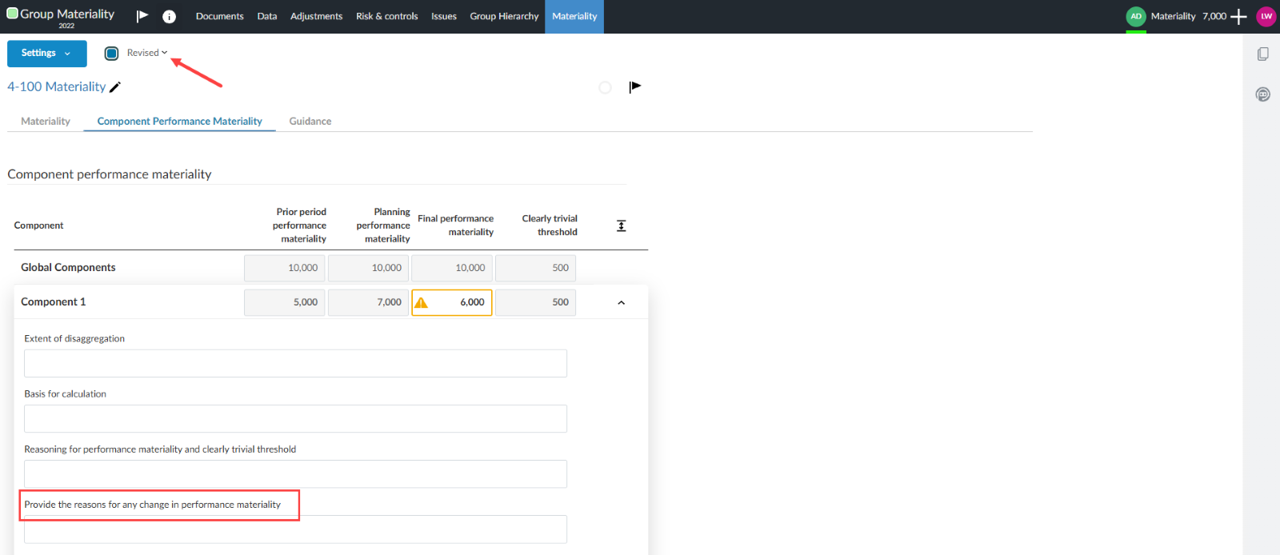 the user interface when a yellow warning icon is triggered on the Component Performance Materiality tab.